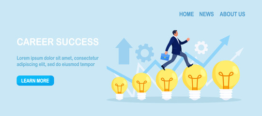 Ambitious businessman jumping on light bulb for research business ideas. Progress, way to success or achieve goal. Career path. Business mission, challenge to succeed. Innovation, solution of problem