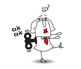 This businesswoman is a mechanic toy.
Karen is walking like a robot or a mechanic toy. It is a metaphor of a big tiredness.