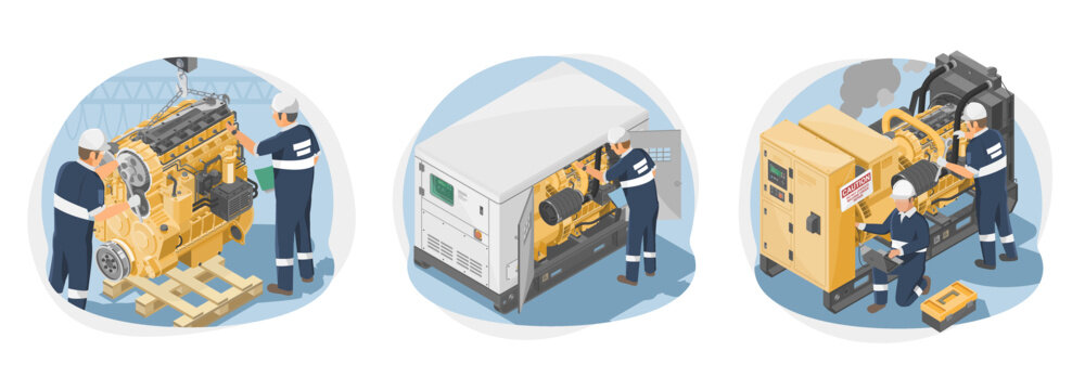 Maintenance service team concept generator station install and servicing checks times engine motor isometric for industry and construction equipment isolated
