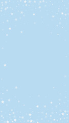 Snowy christmas background. Subtle flying snow flakes and stars on light blue winter backdrop. Delicate sweet snowy christmas. Vertical vector illustration.
