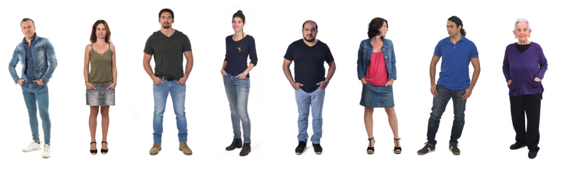  group of people with hands in pockets on white background