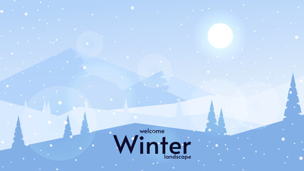 Naklejka premium Winter landscape with sun on blue sky. Mountains with hills and trees. Design for wallpaper, background, greeting card, touristic card.