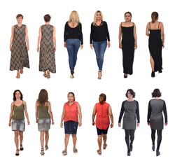 Obraz premium back view of a group of same women walking on white background