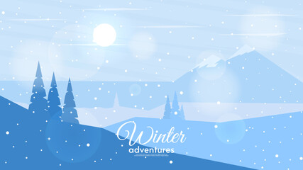 Vector illustration of winter season. Forest with hills and mountains. Design for background, wallpaper, banner.