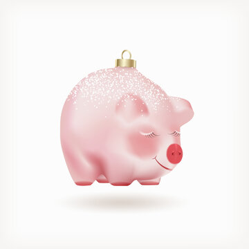 Cute adorable pink baby pig Christmas or New Year Bubble or toy isolated on white background. Realistic 3D Vector Illustration