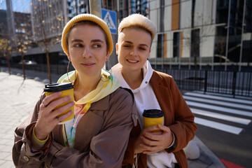 Lovely women, lgbt couple, on a sunday walk