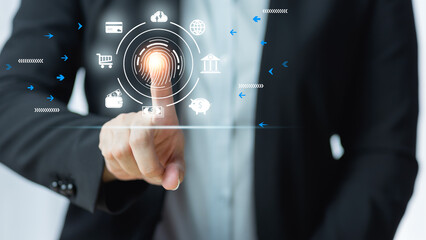 futuristic digital processing of biometric identification fingerprint scanner for access personal financial data. surveillance and security scanning of digital programs cyber futuristic applications