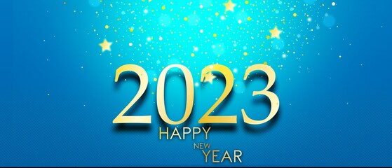 happy new year 2023 on blue background and gold stars and glitter