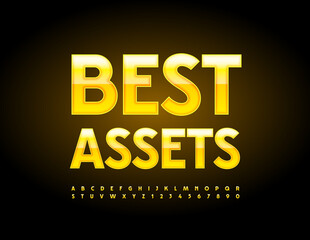 Vector financial logo Best Assets. Yellow glossy Font. Bright set of Alphabet Letters and Numbers