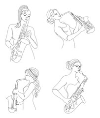 Collection. Silhouette of a beautiful woman playing the saxophone in continuous modern style. Saxophonist girl, slim. Decor sketches, posters, stickers, logo. Vector illustration set.