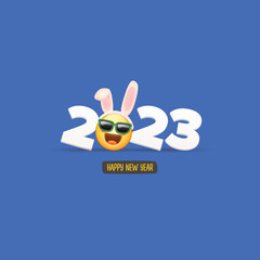 2023 Happy new year square banner with funny smile face with rabbit ears and sunglasses isolated on blue background. 2023 new year square banner, poster, flyer, cover with funny cute rabbit