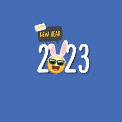 2023 Happy new year square banner with funny smile face with rabbit ears and sunglasses isolated on blue background. 2023 new year square banner, poster, flyer, cover with funny cute rabbit