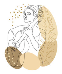 Silhouette of a beautiful woman with a guitar and leaves of a plant in a modern style. Girl guitarist. Continuous line, outline for decor, posters, stickers, logo. Vector illustration.