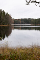 Fototapeta na wymiar Late autumn lake view in Eastern Finland