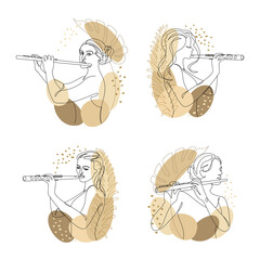 Collection. Silhouette of a beautiful woman with a flute and a leaf of a plant in a modern continuous line style. Flutist. Outline decor, posters, stickers, logo. Vector illustration set. © Nataliia