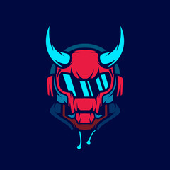 Robot skull in neon cyberpunk blue design with dark background. Abstract technology vector illustration.