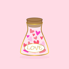 Jar with hearts with the inscription Love Greeting card for Valentine's Day. Vector illustration