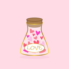Jar with hearts with the inscription Love Greeting card for Valentine's Day. Vector illustration