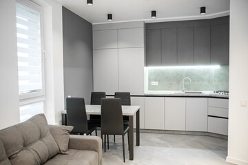 modern kitchen interior with white and gray walls