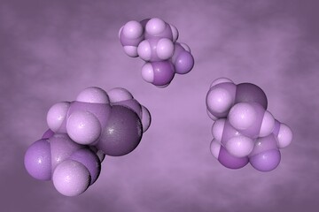 Methionine, an essential amino acid used in the biosynthesis of proteins. Space-filling molecular model of methionine on very peri background. Scientific background. 3d illustration
