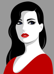 1337_Beautiful woman with long wavy black hair wearing red dress - 547208864