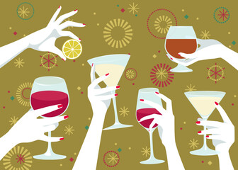 1327_Women hands holding various glasses with wine, champagne and cocktail