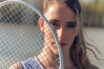 Closeup shot of a young attractive caucasian female posing with a tennis racket on a court