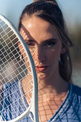 Vertical shot of a young attractive caucasian female posing with a tennis racket on a court