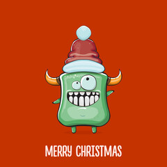 Vector cartoon funky green monster with Santa Claus red hat isolated on red background. Funny and cute Childrens Merry Christmas greeting card with funny green monster elf Santa Claus character.