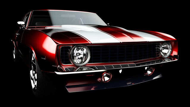 3D illustration. Muscle red car rendering isolated on black background. 