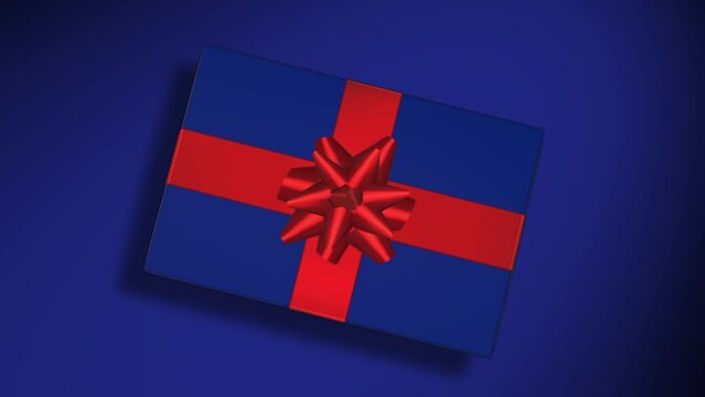 Blue gift box, red ribbon and bow rotating on blue screen background. Celebration or offers shopping concept. 3D render.