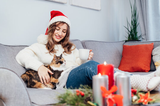 Woman in plaid with tea cup watching movie, TV with cat pet on sofa at home with christmas decoration atmosphere. Lady wear jumper and warm socks. Cozy and comfortable winter concept. Selective focus