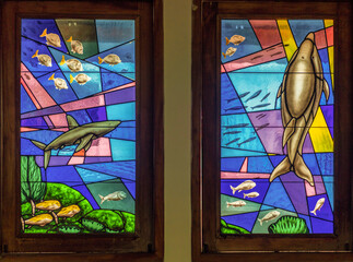Unique stained mosaic glass windows in the church of Galapagos Islands (Church of Santa marianita)