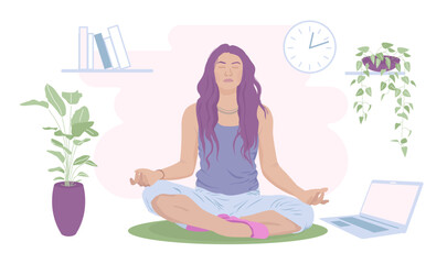 Young woman meditating on a floor in a restroom.