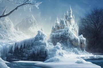 Frozen magic ice castle among snow fields with blue sky and forest trees. Generative AI.