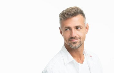 studio shot of unshaven guy face, copy space. mature unshaven guy portrait isolated on white