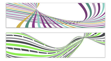 Wavy lines or ribbons. Set of 2 covers. Multicolored striped. Creative unusual background with abstract wave lines for creating a trendy banner, poster. vector eps
