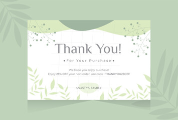 Thank you for purchase card design with hand drawn flower abstract shape pastel green background template