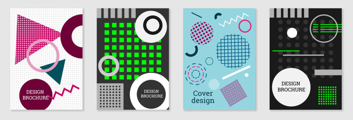 Set of cover design in Memphis style. Geometric design, abstract background. Fashionable bright cover, banner, poster, booklet. Creative colors.