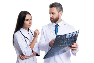 doctor neurologist look at xray isolated on white background. doctor neurologist hold brain xray