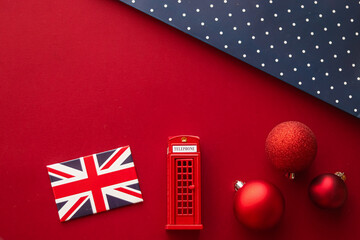 Christmas holiday tradition in United Kingdom and happy holidays flat lay, british flag, London...