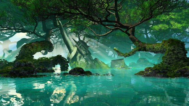 Statue submerged in a swampy area