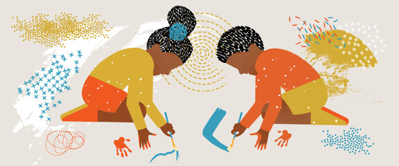 diversity people - black boy and black girl playing paint - colored background © NUBEFY