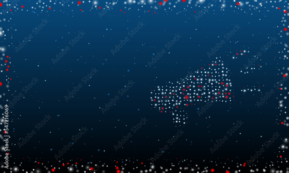 Poster on the right is the megaphone symbol filled with white dots. pointillism style. abstract futuristic 