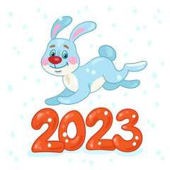 Obraz na płótnie Canvas Funny rabbit, the symbol of the Chinese New Year, jumps over the number 2023. In cartoon style. Isolated on white background. Vector flat illustration.