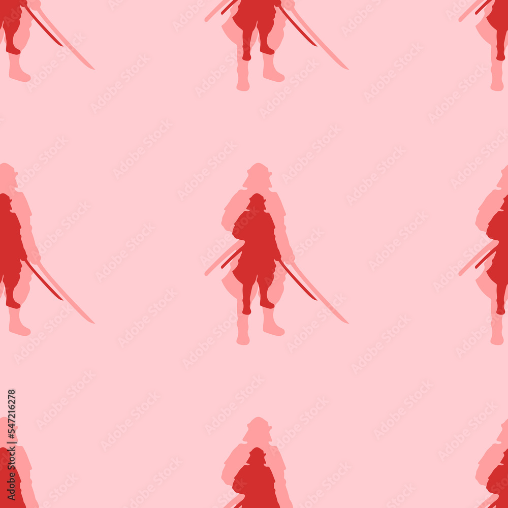 Poster Seamless pattern of large isolated red samurai symbols. The elements are evenly spaced. Vector illustration on light red background