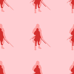 Seamless pattern of large isolated red samurai symbols. The elements are evenly spaced. Vector illustration on light red background