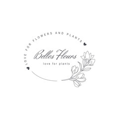 Vector flower logo template. Modern hand drawn line style design. Minimalist drawn floral logo design illustration.