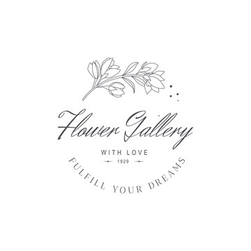 Vector flower logo template. Modern hand drawn line style design. Minimalist drawn floral logo design illustration.