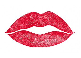 The mark of red lipstick (a pair of female lips), printed on a white surface, with grunge imperfections (distressed paint).
